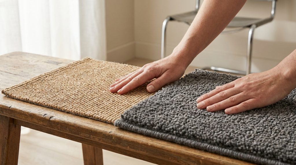 Amostras de alcatifa de sisal e de tufting lado a lado