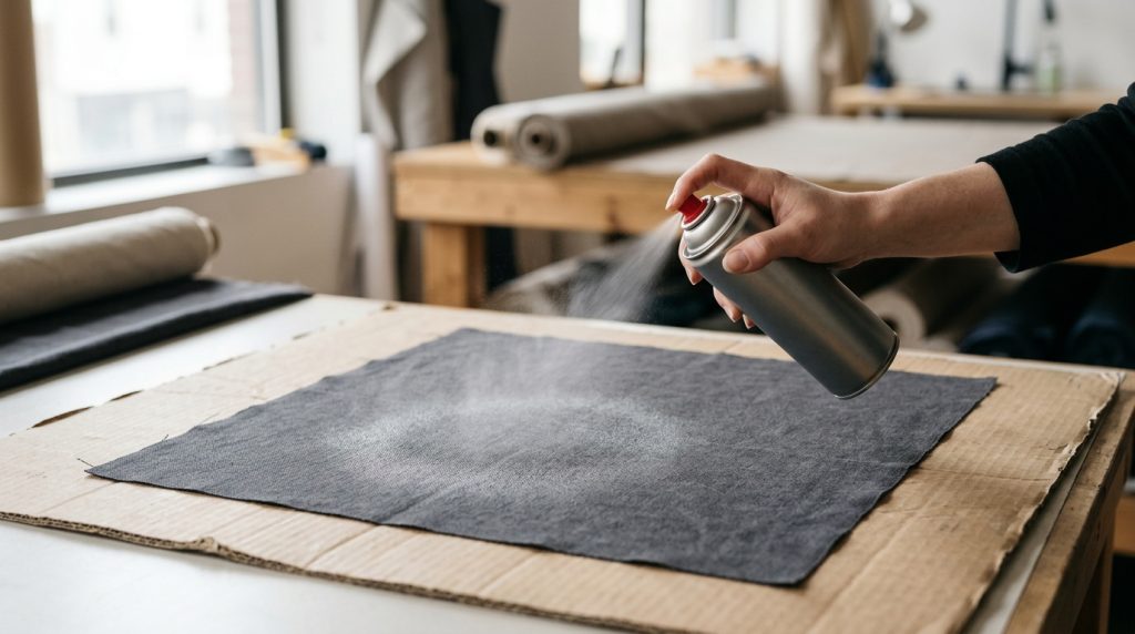Aplicação de cola spray em tecido a distância uniforme