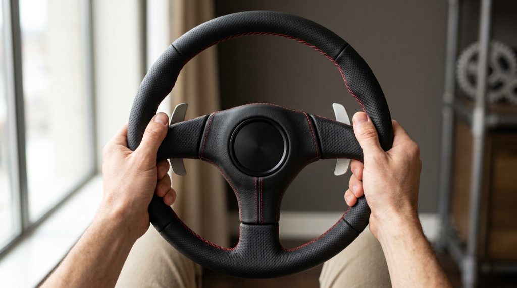 Volante forrado a pele preta com ponto cruzado vermelho