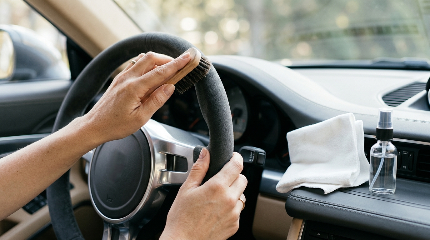 Limpeza suave de um volante em microfibra acamurçada com escova macia e pano