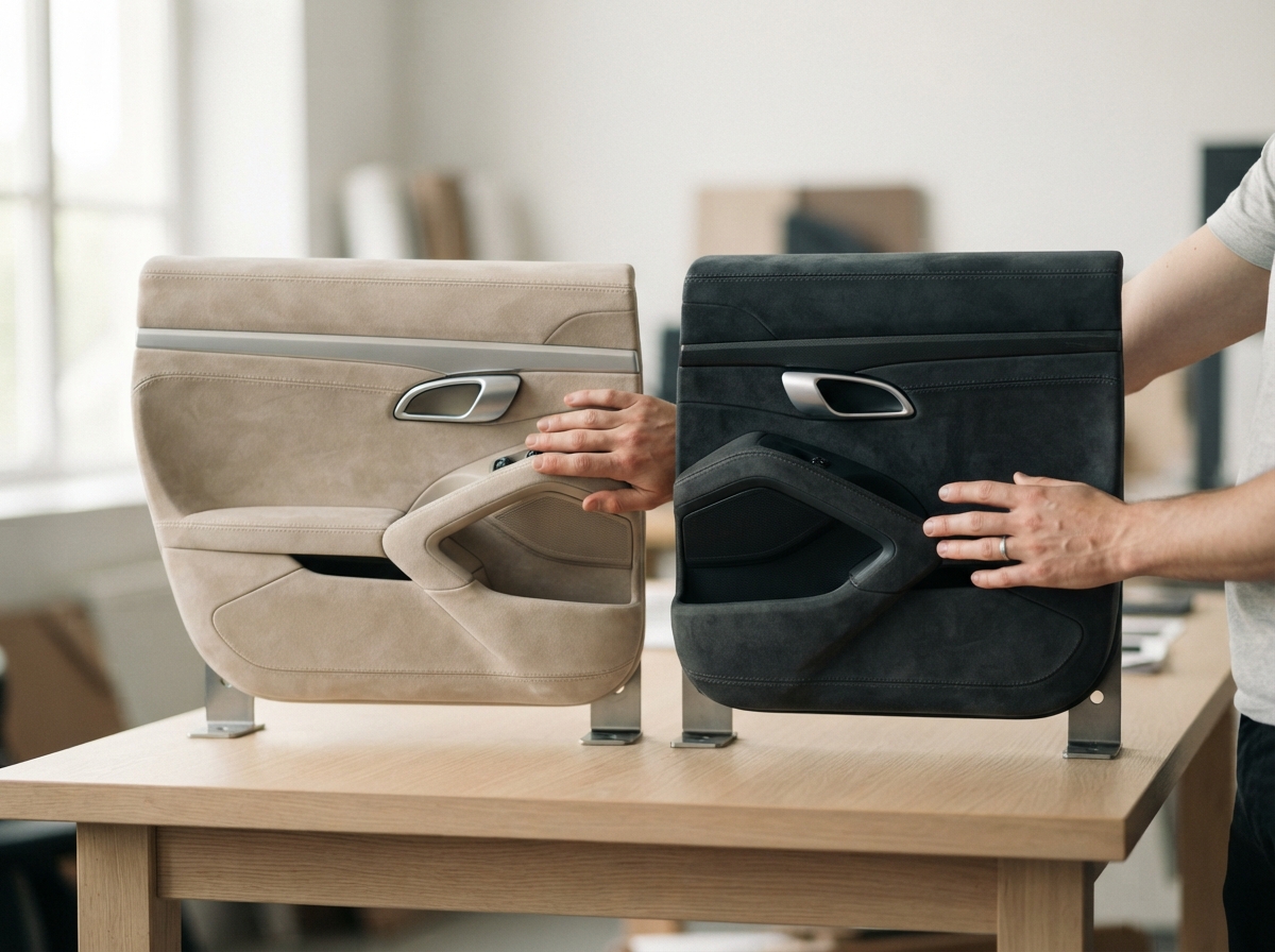 Dois painéis de porta de amostra, um em bege claro e outro em antracite, em microfibra acamurçada