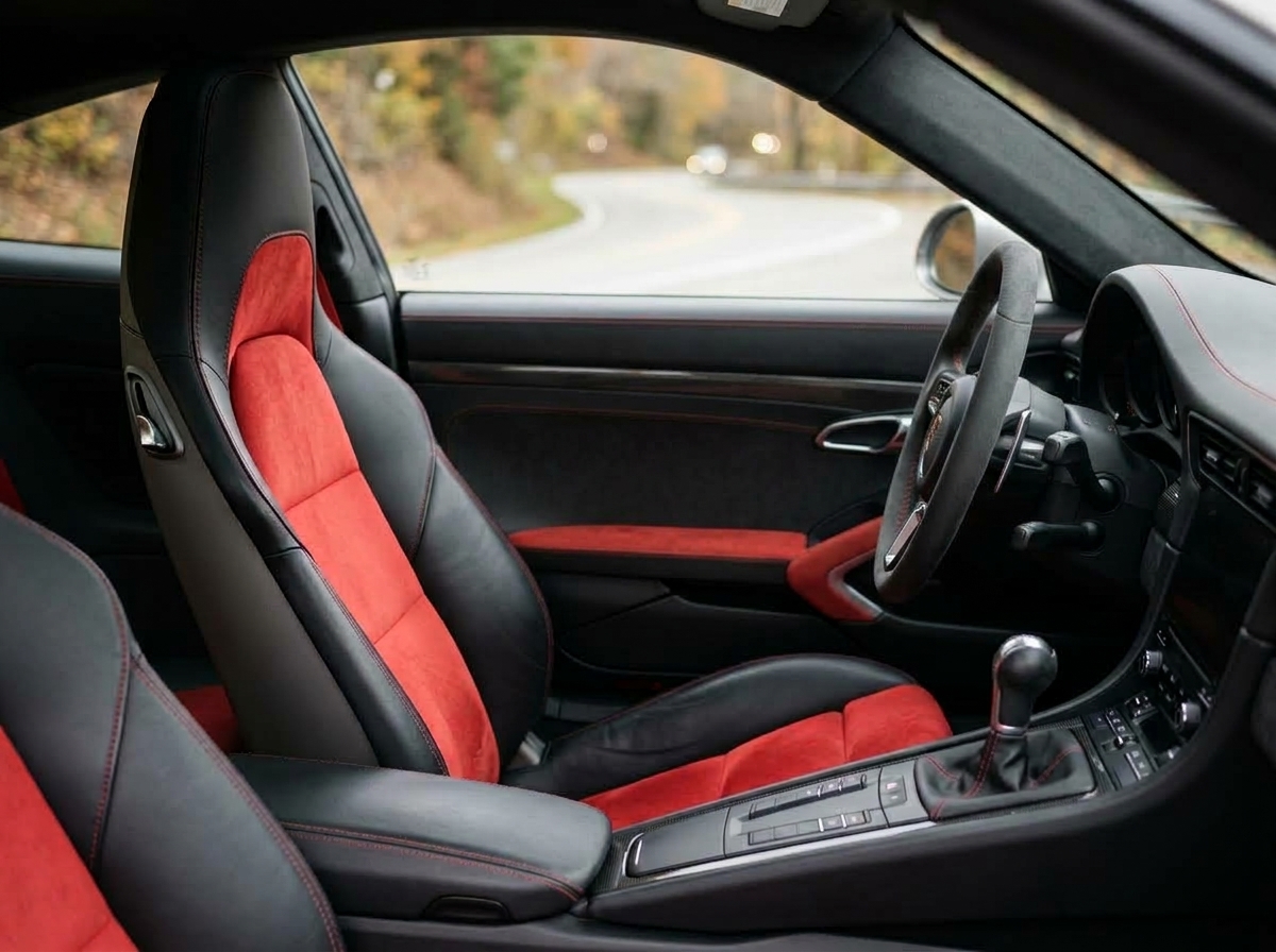 Interior automóvel com bancos pretos e inserções vermelhas em microfibra acamurçada
