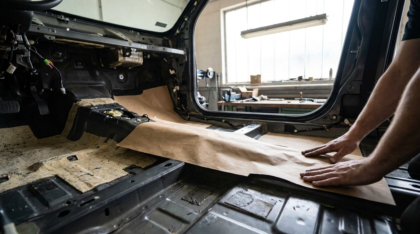 Piso de carro preparado com molde de alcatifa aplicado