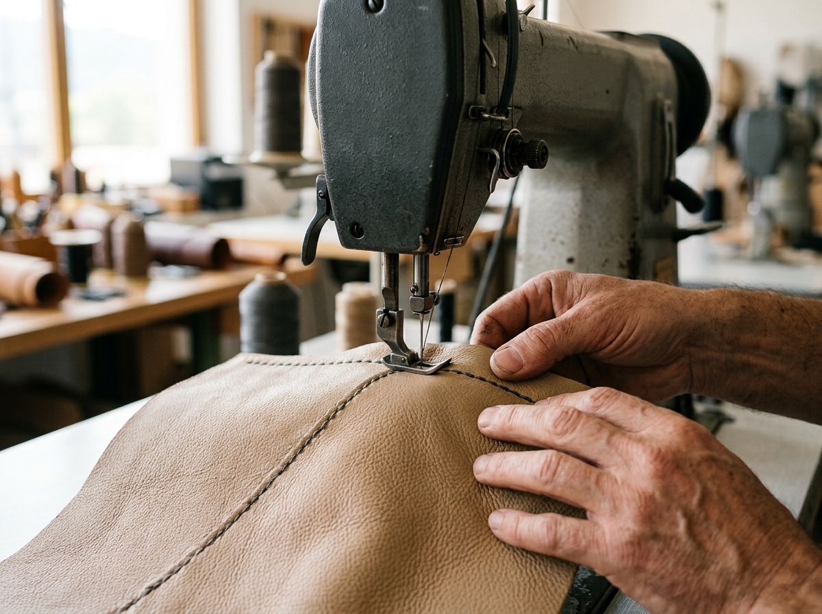 Máquina de costura a coser um painel de napa