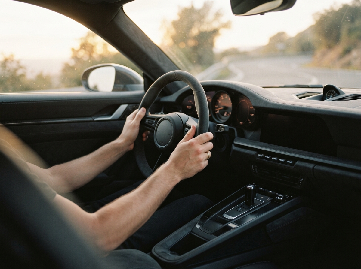 Interior de automóvel desportivo com consola e painel de porta forrados a microfibra acamurçada