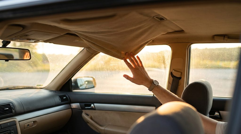 Tecido do tejadilho de um carro descolado e a cair devido ao calor do sol